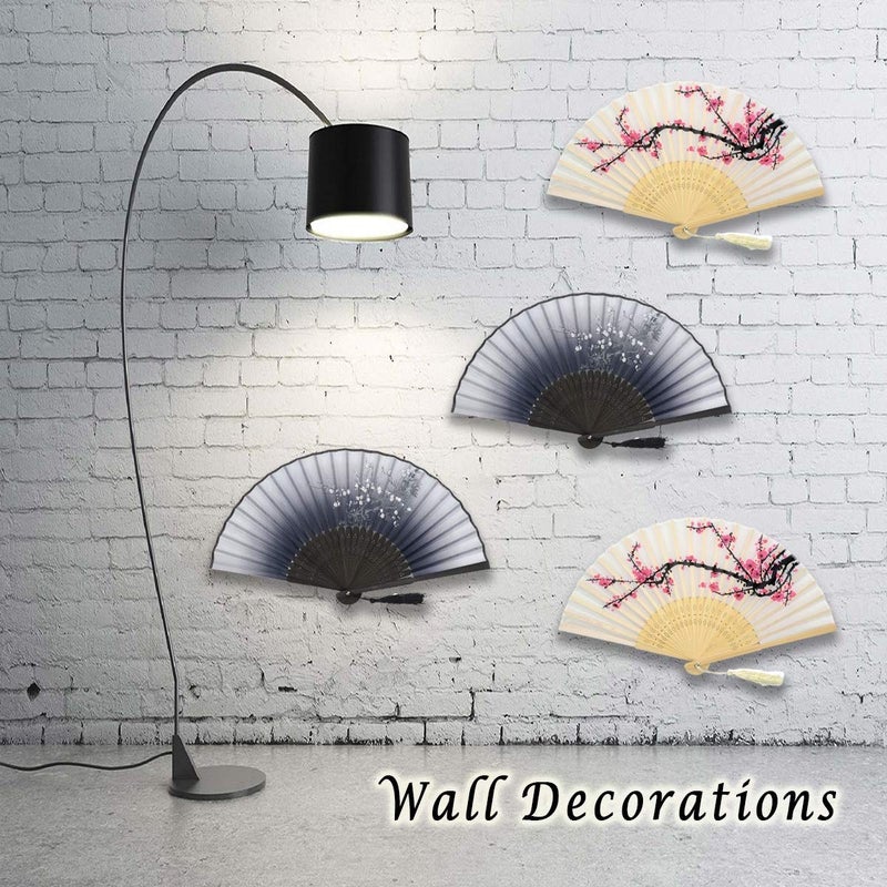 OMyTea Folding Hand Fans for Women - Chinese Japanese Vintage Bamboo Silk Fans - for Hot Flash, EDM, Music Festival, Party, Dance, Performance, Decoration, Wedding, Gift (White Plum & Gray Plum) - Image 5